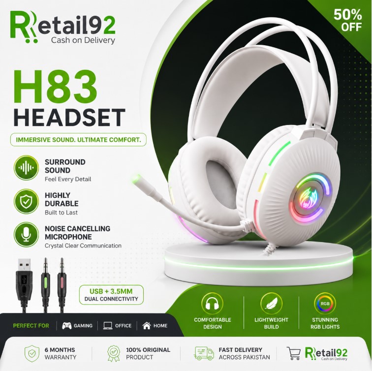 H83 Gaming Headset Headphone with Noise Cancelling Microphone ~ Over the Ear White Gaming Headphones