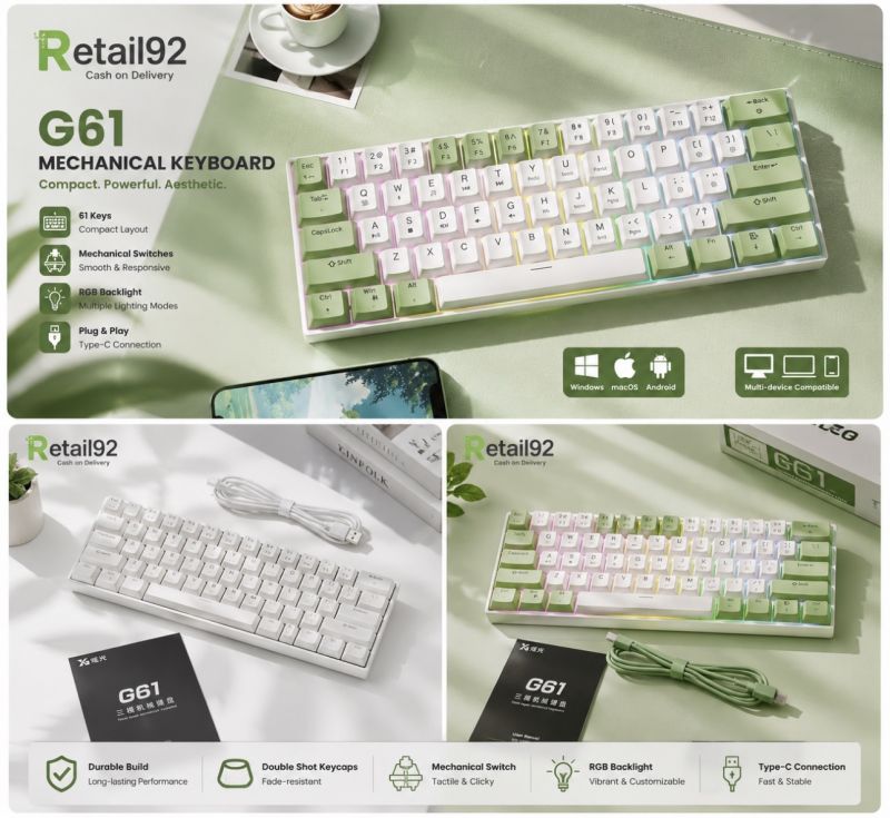 EWEADN G61 Wireless Rgb Keyboard Bluetooth/2.4G/USB Wired 60% Mechanical Gaming Keyboard RGB Backlit PBT Pudding Keycap Brown and blue switch