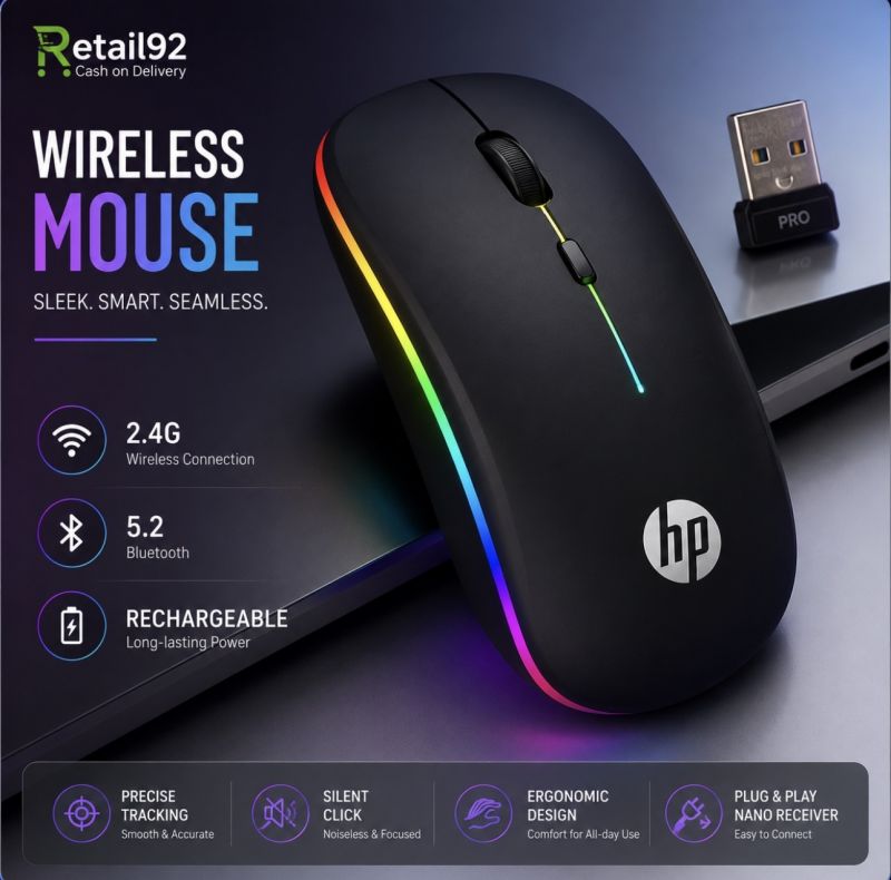 HP W10 Wireless Rechargeable Mouse With RGB Lights Adjustable DPI Silent Click With Ultra Thin