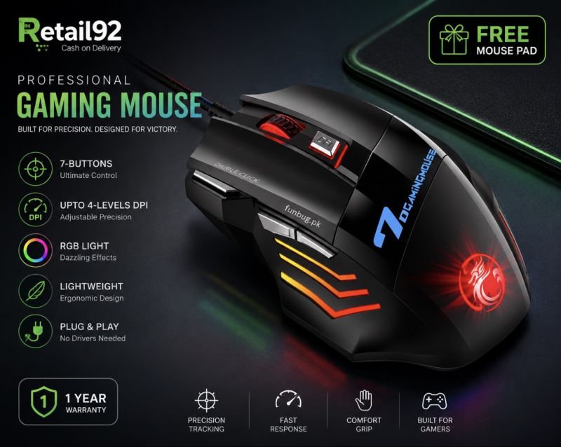 7 Buttons Sports Mechanical Wired Gaming Mouse RGB with 4-Levels DPI Control - 7 Light Wired USB Optical Mouse with Side Buttons - Mouse with Pad for PC, Laptop, Computer, Gaming, Pubg Mobile