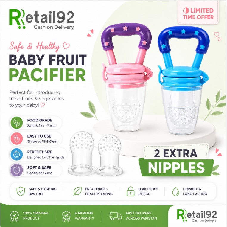 Baby Fruit Feeder Pacifier With 2 Extra Nipples – Silicone Fresh Food Feeder & Teether for Infants/Toddlers, Anti-Choke Micro-Perforated Nipple, Secure Snap-Lock Hygiene Cap, Easy-Clean & Boil-Safe, Travel-Ready Design that Promotes Self-Feeding