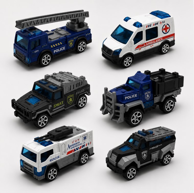 6pcs Mini 1/64 Alloy Diecast Engineering Car Model Fire Truck Excavator Toys for Children Police Military Vehicle Toys Kids Gift