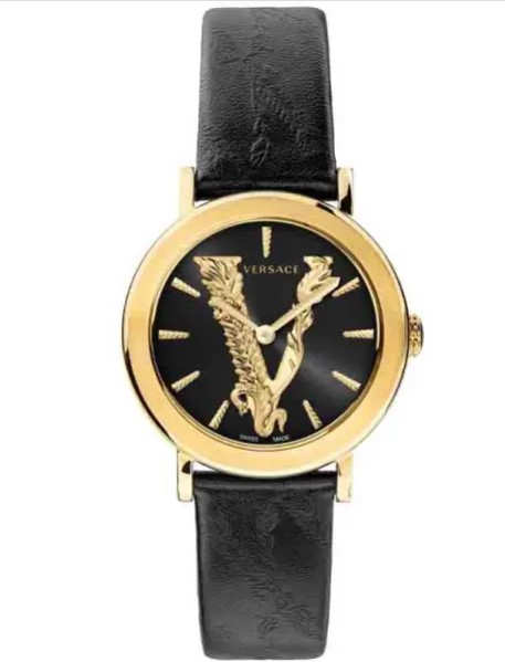Versace Women’s Quartz Swiss Made Black Leather Strap Black Dial 36mm Watch