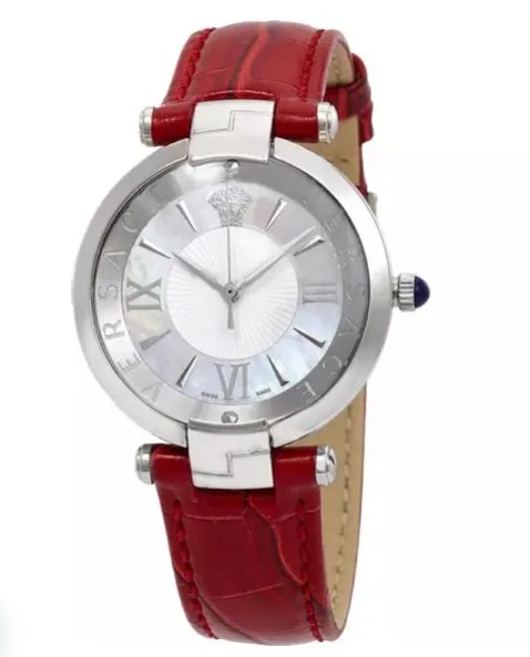 Versace Women Quartz Swiss Made Red Leather Strap Mother Of Pearl Dial