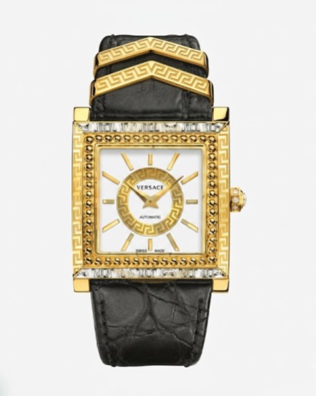 Versace Women’s Automatic Swiss Made Gold Tone Stainless Steel Black Leather Strap Black Dial Watch