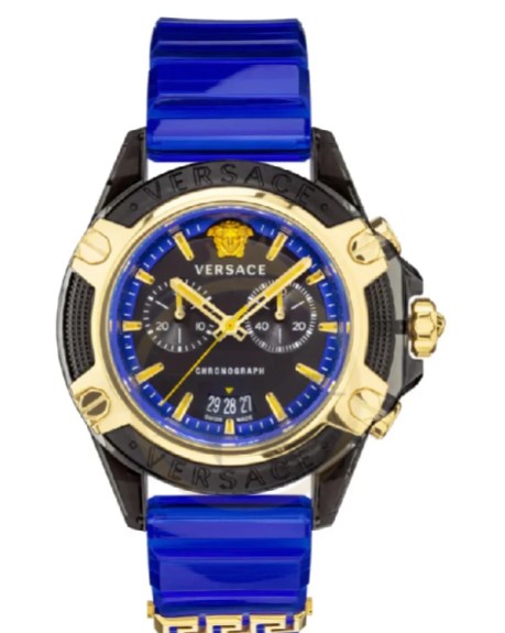 Versace Men’s Quartz Swiss Made Blue Silicone Strap Black Dial 44mm Watch