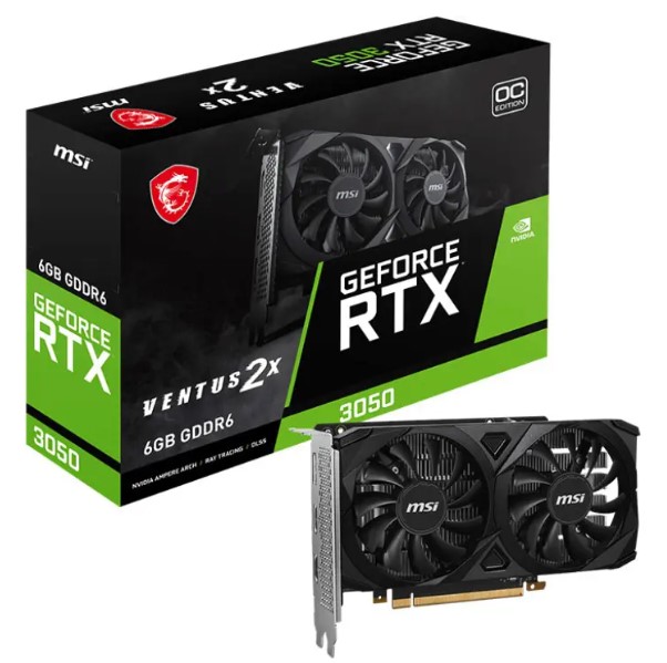 MSI GeForce RTX 3050 VENTUS 2X 6G OC Video Graphics Card, 6GB GDDR6, Boost Clock 1492MHz, 14Gbps, HDMI 2.1 4K@120Hz, DisplayPort 1.4a, Dual Fan Cooling