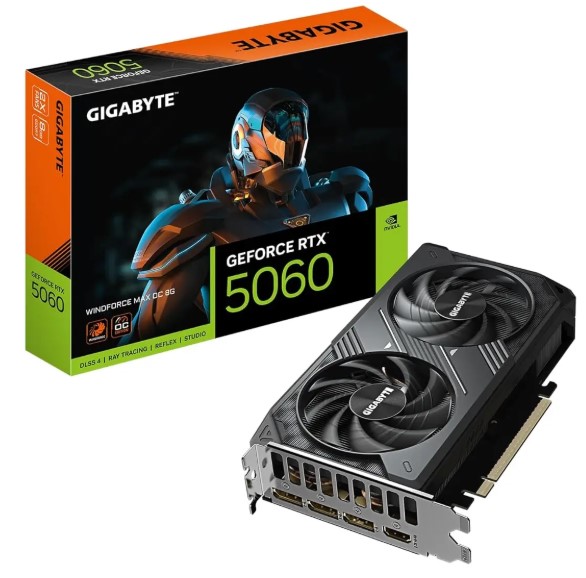 GIGABYTE GeForce RTX 5060 WINDFORCE MAX OC Graphics Card, 8GB GDDR7, 3840 CUDA Cores, 2512MHz Boost Clock, PCIe 5.0, GV-N5060WF2MAX OC-8GD, Black