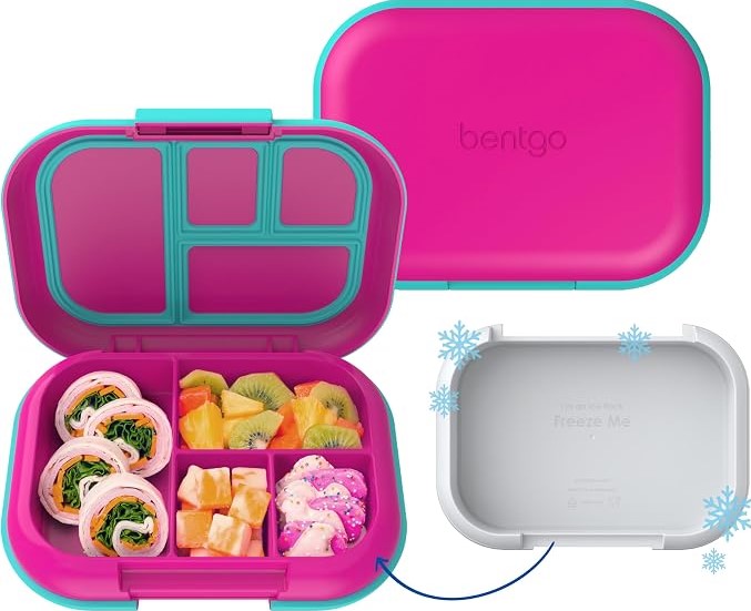 Bentgo Chill Kids 4-Compartment Bento Box Leakproof Lunch Box | Built-In Ice Pack, 3.3 Cup Capacity, BPA-Free, Microwave & Dishwasher Safe Tray, Ideal For Ages 37 Fuchsia/Teal