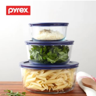 PYREX Simply Store 6-piece Round Glass Food Storage Container Set with Blue Lids