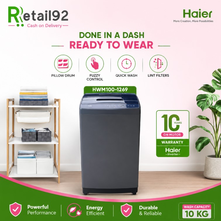 HWM 100-1269S6-Haier-10 kg-Fully Automatic-Top Loading Washing Machine-Pillow Drum-Quick Wash-Dual Lint Filters-10 Years Warranty