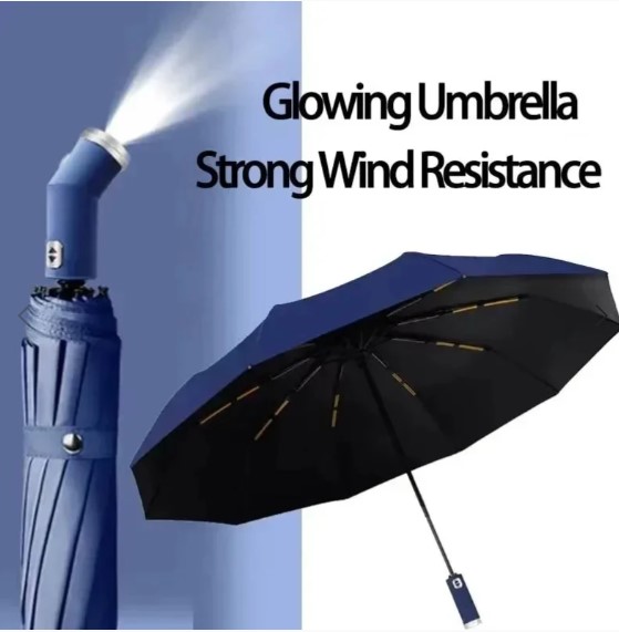 Fully automatic umbrella with rotatable LED flashlight, business wind resistant folding umbrella