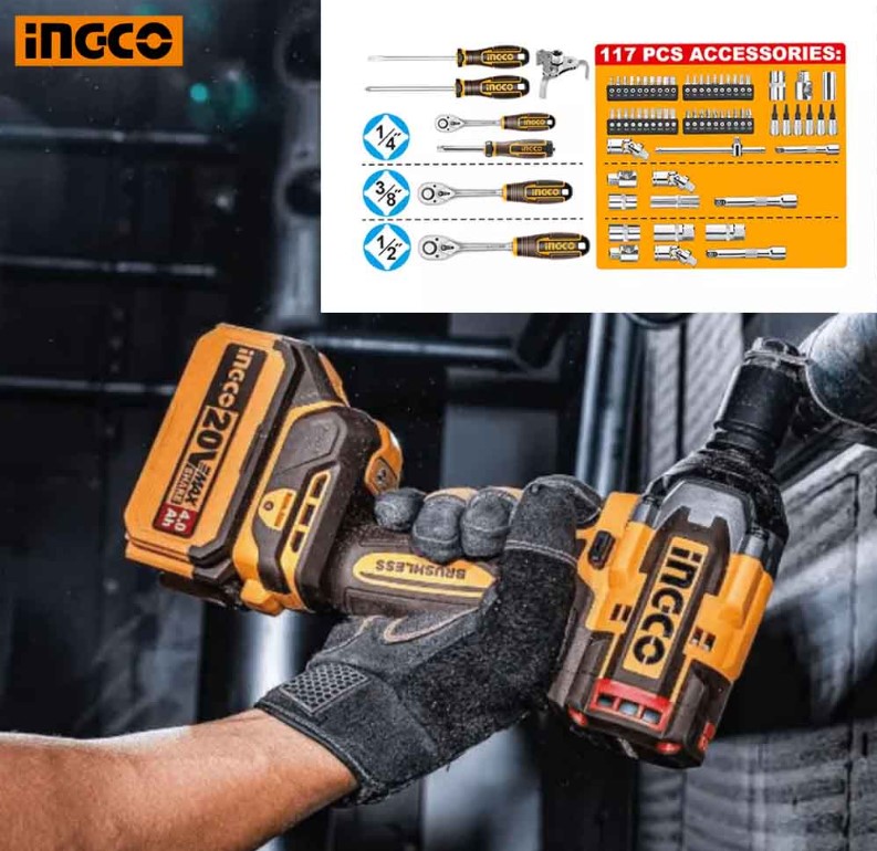 INGCO 20V Cordless Impact Wrench 500Nm (152Pcs Tools Set)