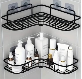 2 Space-Saving Black Metal Corner Shelf- No-Drill Hook, Double-Layer Bathroom Kitchen Storage Rack, Durable and Easy to Clean, Suitable for Indoor and Outdoor Use, Perfect for Organizing Bathroom and Storage, Shelves