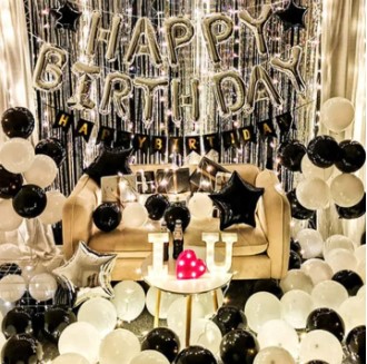Elegant Birthday Party Balloon Kit - Black & White Themed Decorations with Happy Birthday Banner, Star Balloons, and LED String Lights for All Ages