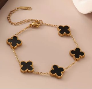 Gold Plated Black Enamel Clover Bracelet | Stainless Steel Chain for Women & Girls