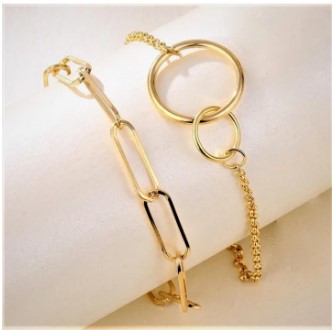 2Pcs/Set Vintage Bohemian Chain for Women Girls Chunky Chain Double Ring Pendant Bracelet Jewelry