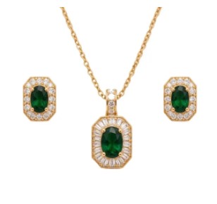 Luxury Emerald Green Oval Jewelry Set – Gold-Plated Pendant & Stud Earrings with Baguette Zircon Halo