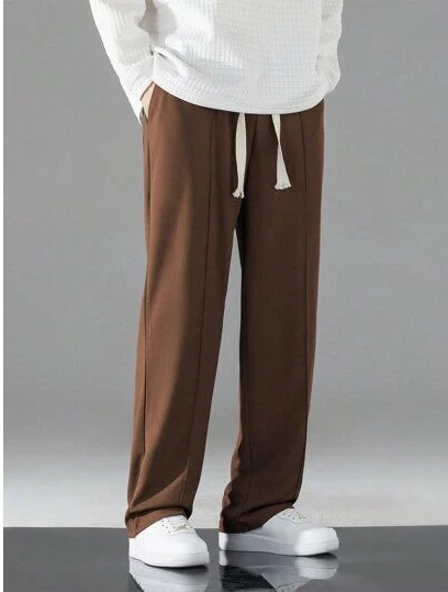 DARK BROWN MEN DRAWSTRING WAIST STRAIGHT LEG PANTS