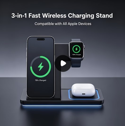 Foldable 3-In-1 Wireless Charging Station, Copper Core Fast Charging Wireless Charger Stand