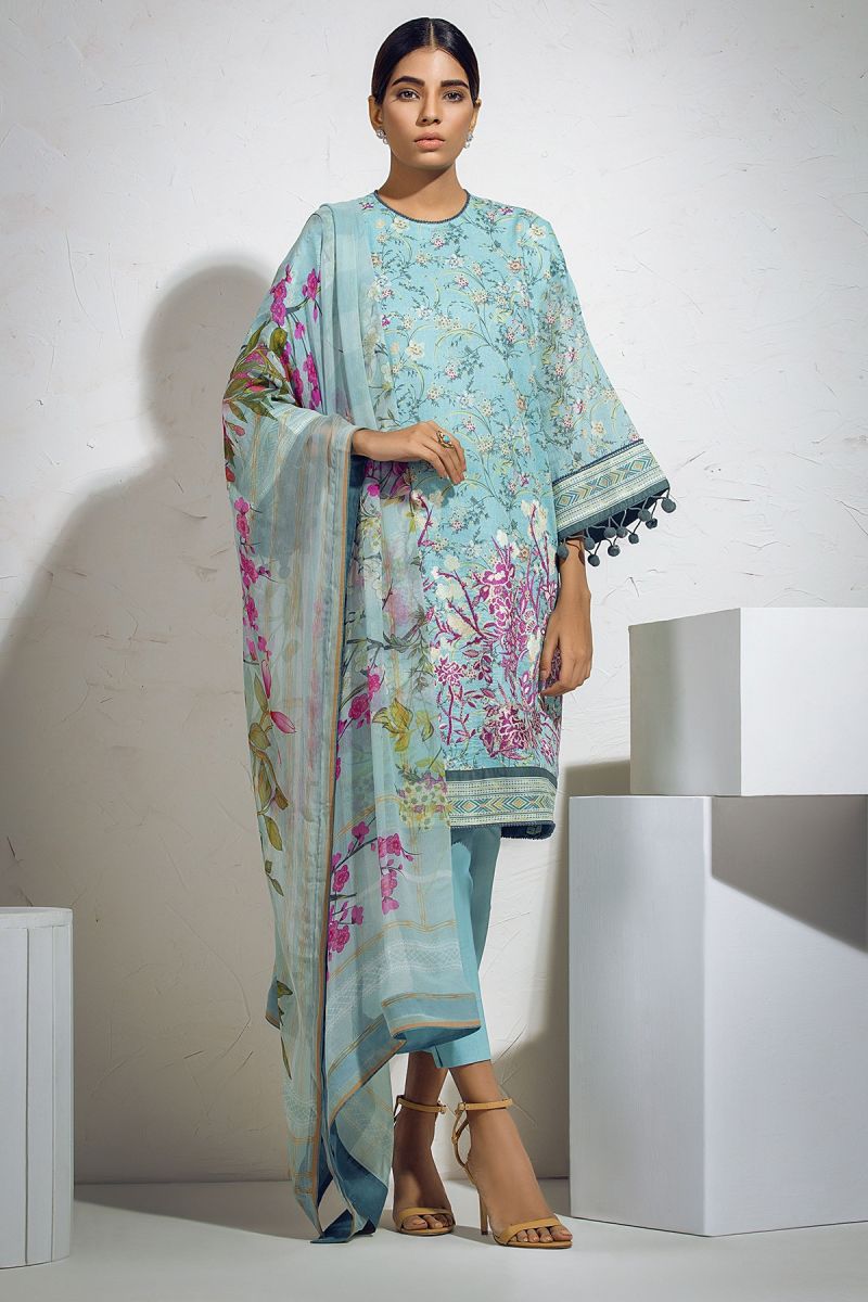 3 Piece Embroidered Suit with Printed Chiffon Dupatta