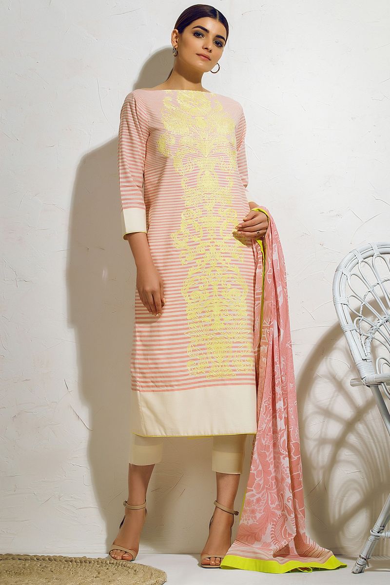 3 Piece Embroidered Suit with Printed Voile Dupatta