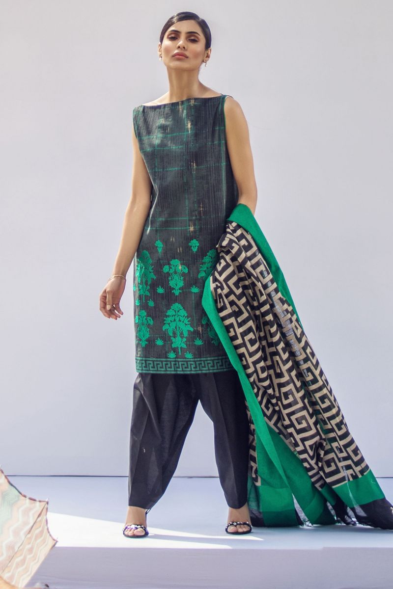 3 Piece Embroidered Suit with Jacquard Dupatta