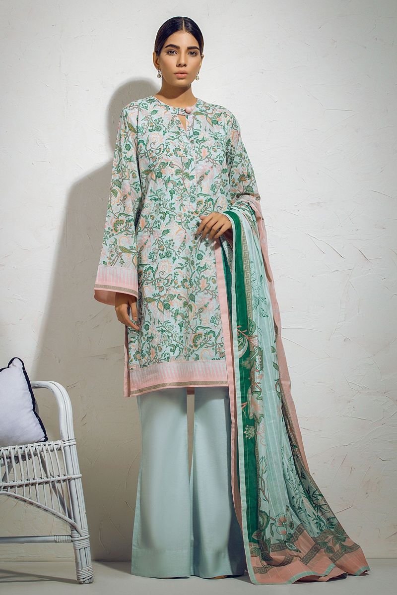 3 Piece Printed Suit with Dobby Lawn Dupatta