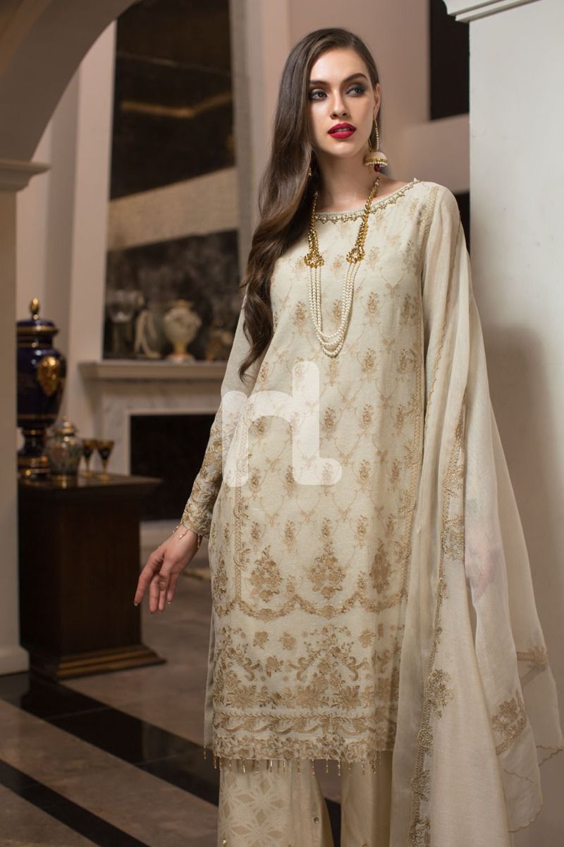 41908014-Zari Cotton Net & Cotton Karandi Net – Golden Embroidered Luxury Unstitched 4PC