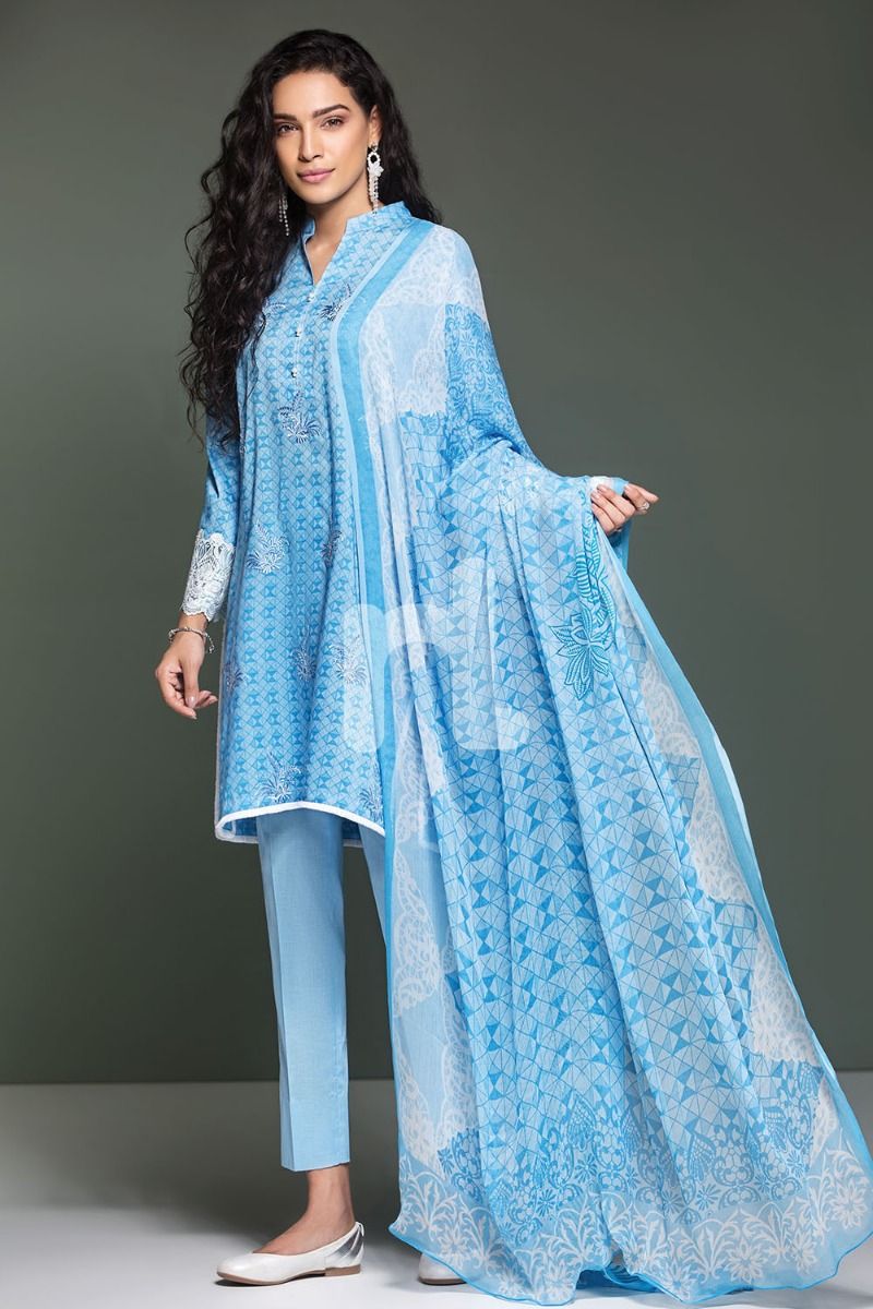 41906108-Lawn & Krinckle Chiffon – Blue Printed Embroidered 3PC